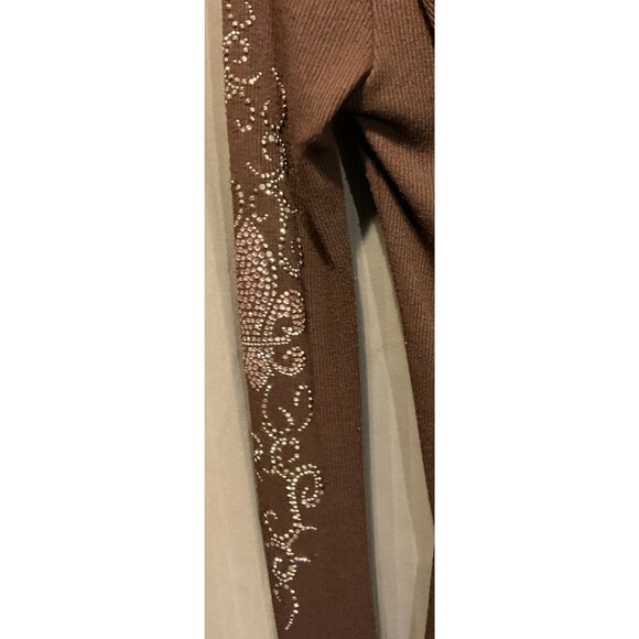 Vocal Y2K Brown Long-Sleeve Hooded Top With Rhinestone Fleur-De-Lis Womens Small - Picture 5 of 12